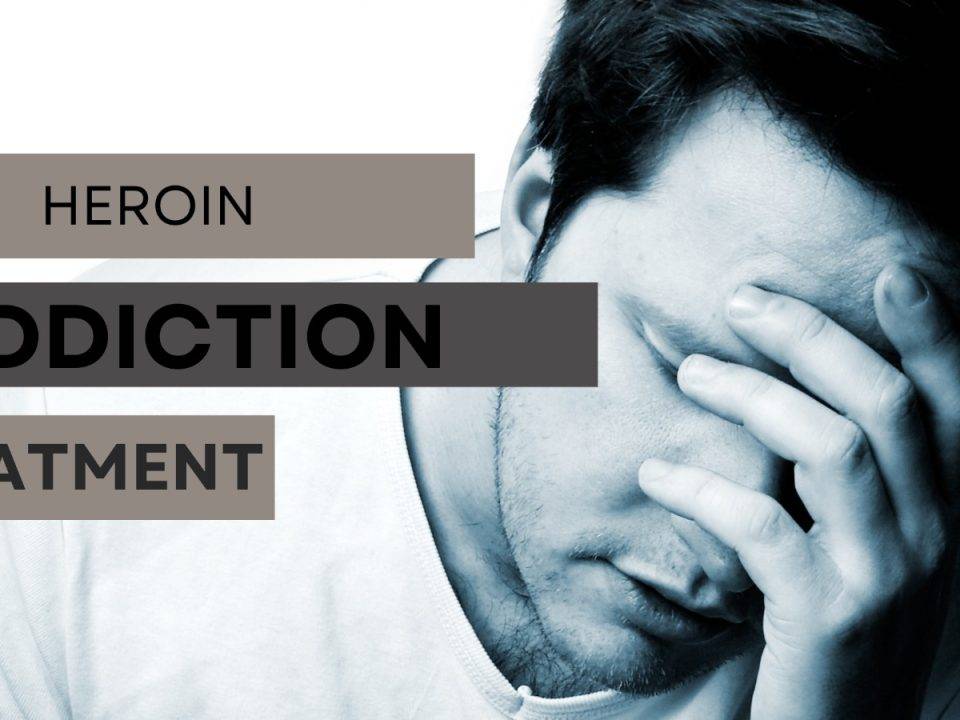 A man having headache, and the text heroin addiction treatment