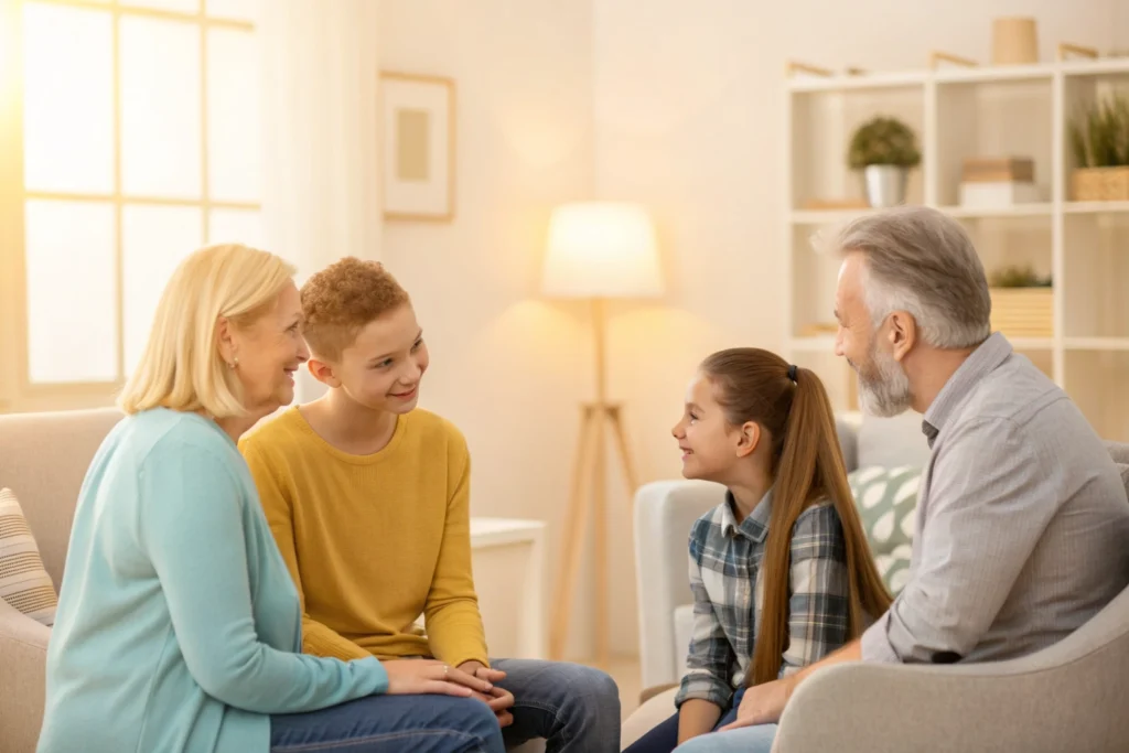 A family sitting together in a therapy session, looking supportive.