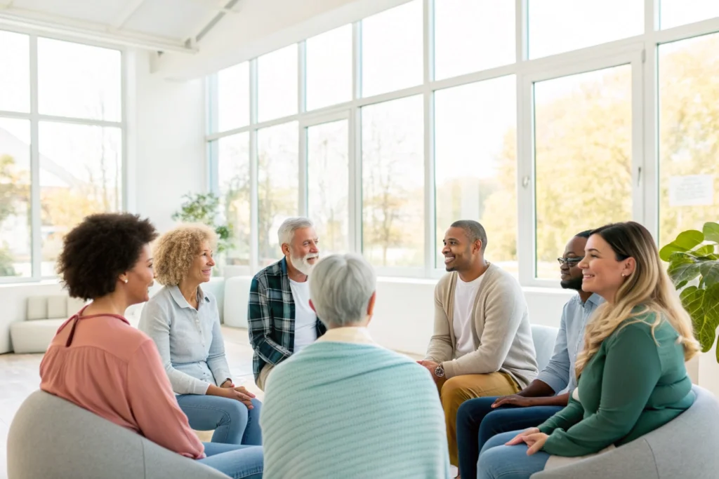 A group therapy session in a modern rehab facility.