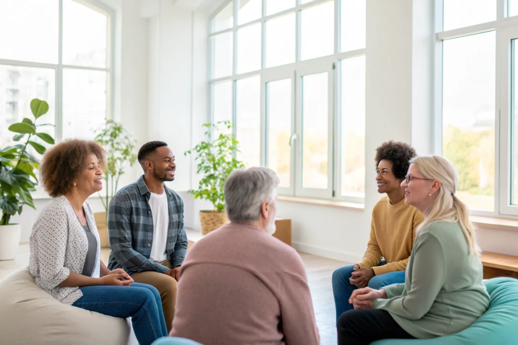 A group therapy session in a modern rehabilitation center.